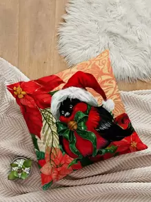 Christmas Bird Print Cushion Cover Without Filler - Multicolor - View 1