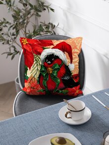 Christmas Bird Print Cushion Cover Without Filler - Multicolor - View 5