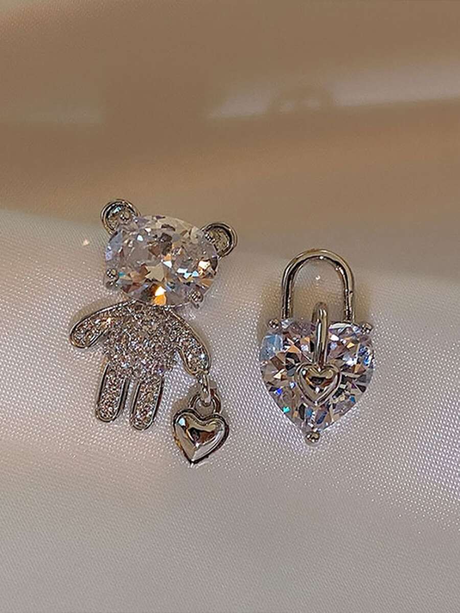 Andkiss Rhinestone Bear Decor Earrings - Silver - View 1
