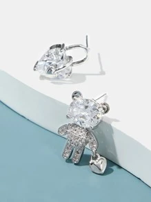 Andkiss Rhinestone Bear Decor Earrings - Silver - View 2
