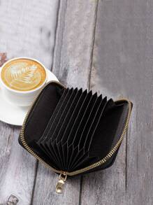 绗缝细节卡夹礼物父亲超薄轻便拉链便携式现金钱包身份证信用卡零钱袋生日礼物周年纪念情人节情侣女士女孩女士青少年大学生学校学生礼物礼品袋礼物送给老师 - 黑色 - 查看 1