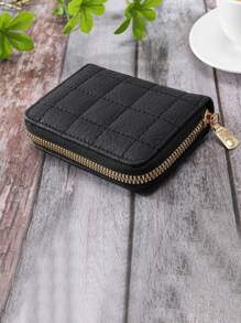 绗缝细节卡夹礼物父亲超薄轻便拉链便携式现金钱包身份证信用卡零钱袋生日礼物周年纪念情人节情侣女士女孩女士青少年大学生学校学生礼物礼品袋礼物送给老师 - 黑色 - 查看 4