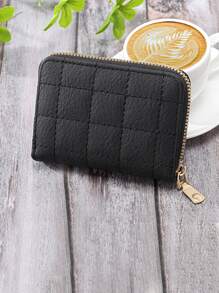 绗缝细节卡夹礼物父亲超薄轻便拉链便携式现金钱包身份证信用卡零钱袋生日礼物周年纪念情人节情侣女士女孩女士青少年大学生学校学生礼物礼品袋礼物送给老师 - 黑色 - 查看 2