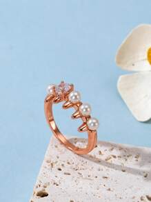 Rhinestone & Faux Pearl Decor Ring - Rose Gold - View 1