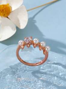 Rhinestone & Faux Pearl Decor Ring - Rose Gold - View 2