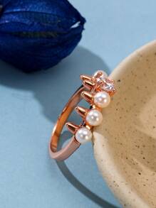 Rhinestone & Faux Pearl Decor Ring - Rose Gold - View 3