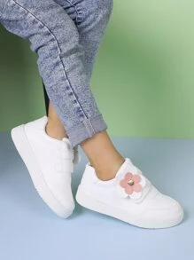 Girls' Flower Decoration Hook-and-loop Fastener Skateboarding Shoes Children's Sports Shoes - White - View 1
