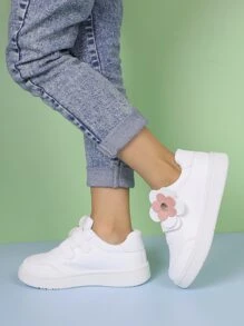 Girls' Flower Decoration Hook-and-loop Fastener Skateboarding Shoes Children's Sports Shoes - White - View 2