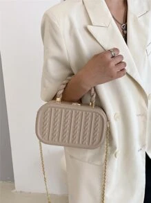 Moire 1pc Pu Embossed Twilled Ellipse Solid Color City Handbag Mini Crossbody Bag With Metal Chain - Khaki - View 3