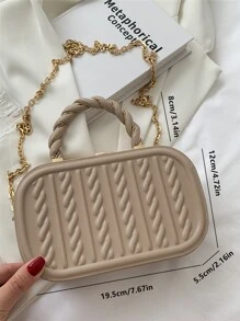 Moire 1pc Pu Embossed Twilled Ellipse Solid Color City Handbag Mini Crossbody Bag With Metal Chain - Khaki - View 4