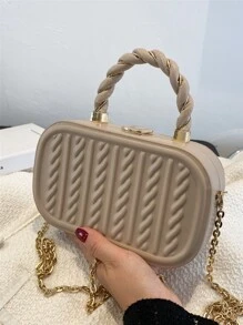 Moire 1pc Pu Embossed Twilled Ellipse Solid Color City Handbag Mini Crossbody Bag With Metal Chain - Khaki - View 5