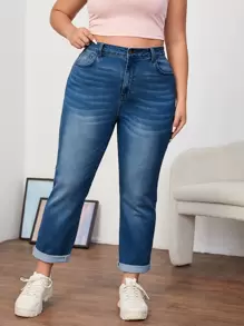 SHEIN EZwear Plus High Waist Mom Fit Jeans - Dark Wash - View 1