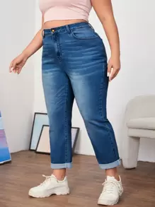 SHEIN EZwear Plus High Waist Mom Fit Jeans - Dark Wash - View 4