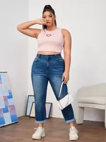 SHEIN EZwear Plus High Waist Mom Fit Jeans - Dark Wash - View 5