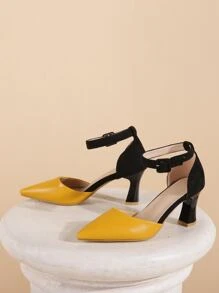雙色尖頭踝帶高跟單鞋,黃色時尚拼接顏色女士高跟鞋單鞋 - 黃色 - 查看 3