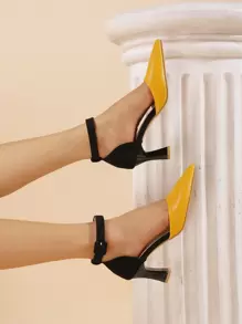 雙色尖頭踝帶高跟單鞋,黃色時尚拼接顏色女士高跟鞋單鞋 - 黃色 - 查看 6