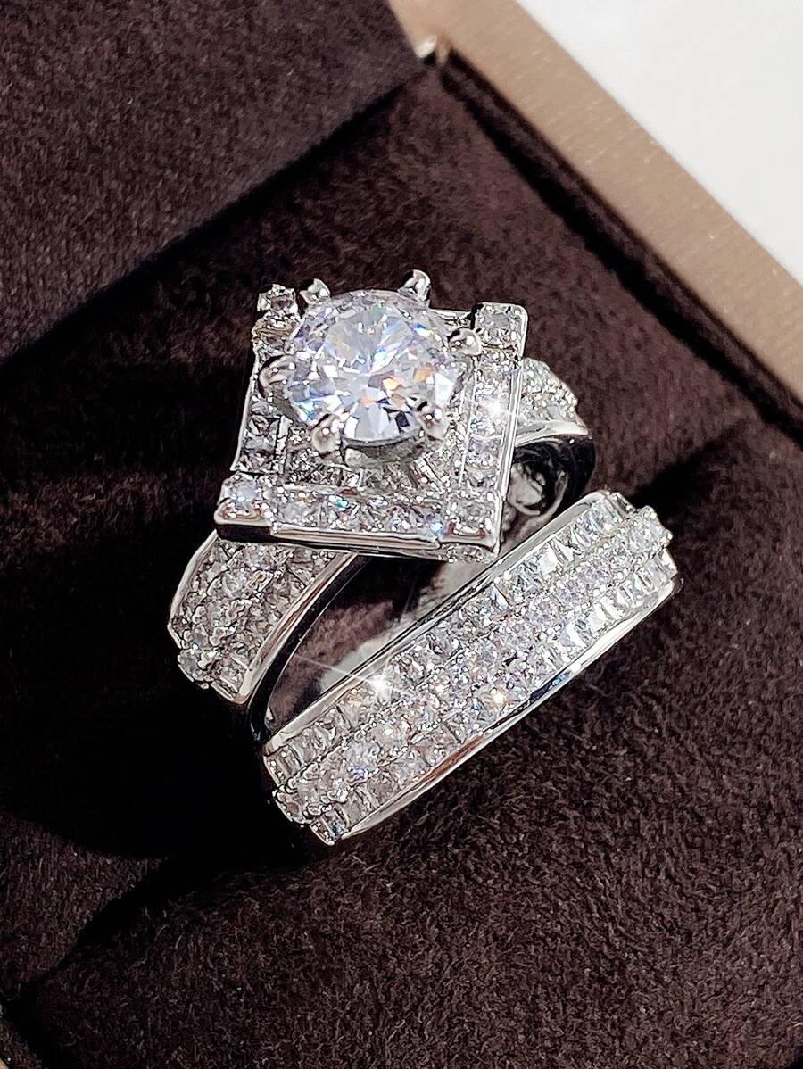 2 件/套 魅力方晶锆石戒指套装 适合女士 适合婚礼 订婚 周年纪念派对 珠宝 情人节礼物、妈妈、母亲、母亲节、礼物