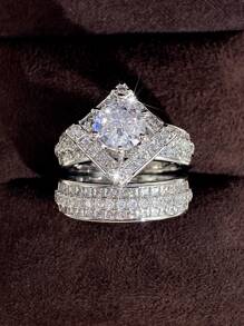 2 件/套 魅力方晶锆石戒指套装 适合女士 适合婚礼 订婚 周年纪念派对 珠宝 情人节礼物、妈妈、母亲、母亲节、礼物 - 銀色 - 查看 7