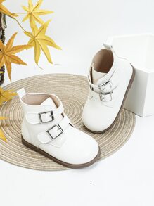 Girls Buckle Decor Combat Boots - White - View 1