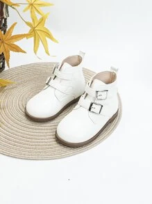 Girls Buckle Decor Combat Boots - White - View 2