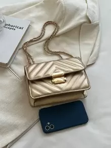 Mini bolso cuadrado acolchado de cierre de empuje metálico con cadena, estilo Funky, Punk y bolso para la moda callejera - Dorado - Ver 8