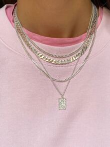 矩形吊墜多層次項鍊 - 銀色 - 查看 1