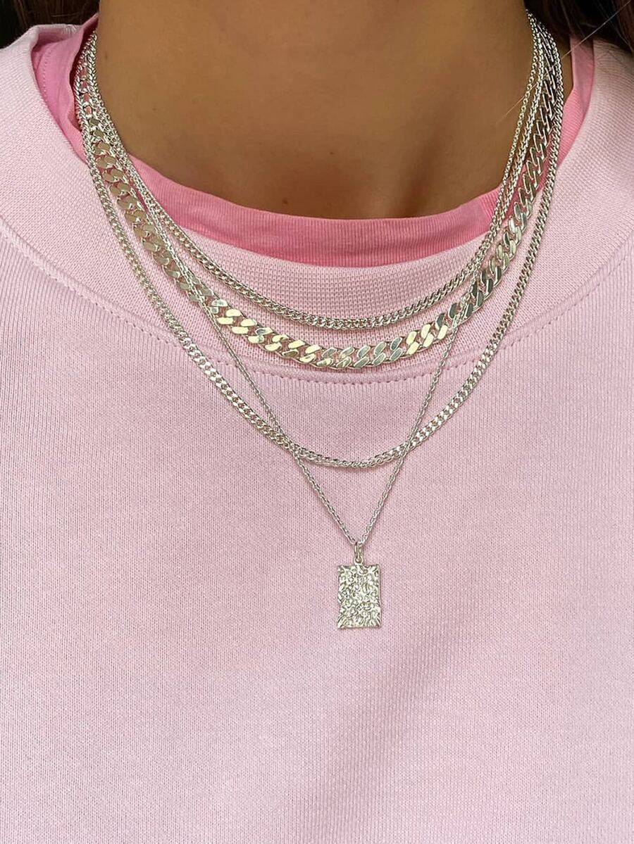 矩形吊墜多層次項鍊 - 銀色 - 查看 1