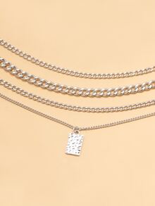 矩形吊墜多層次項鍊 - 銀色 - 查看 2