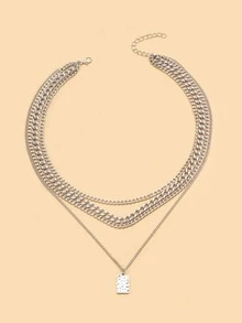 矩形吊墜多層次項鍊 - 銀色 - 查看 3