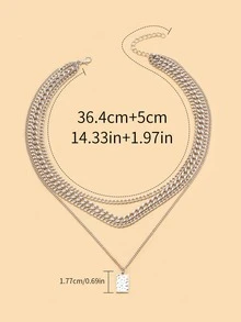 矩形吊墜多層次項鍊 - 銀色 - 查看 4