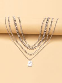 矩形吊墜多層次項鍊 - 銀色 - 查看 5