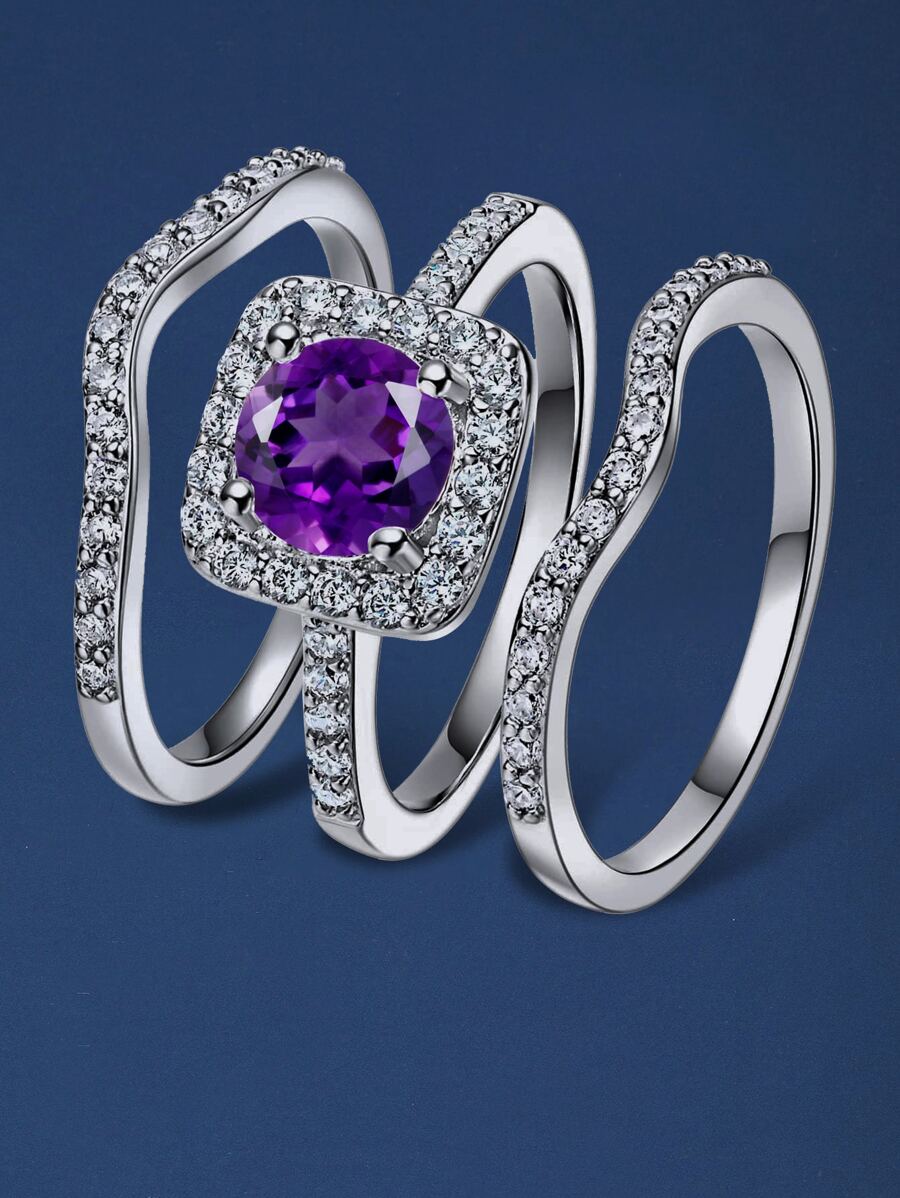 3pcs Rhinestone Decor Ring - Purple - View 1