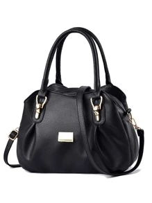 Litchi Embossed Metal Decor Ruched Detail Shoulder Tote Bag - Black - View 1
