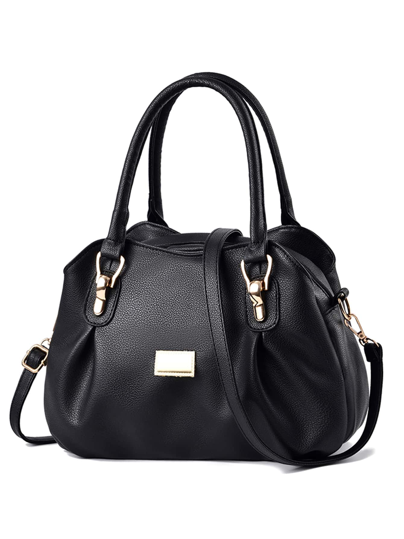 Litchi Embossed Metal Decor Ruched Detail Shoulder Tote Bag - Black - View 1