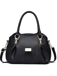 Litchi Embossed Metal Decor Ruched Detail Shoulder Tote Bag - Black - View 2