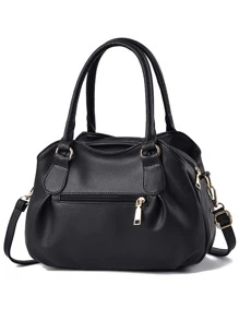 Litchi Embossed Metal Decor Ruched Detail Shoulder Tote Bag - Black - View 3
