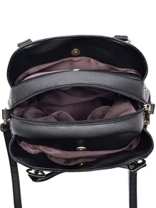 Litchi Embossed Metal Decor Ruched Detail Shoulder Tote Bag - Black - View 4