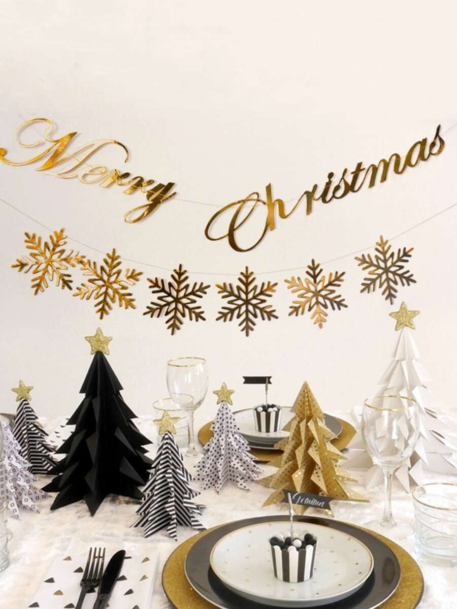 2pcs Christmas Metallic Letter & Snowflake Decor Pull Flag - Gold - View 1