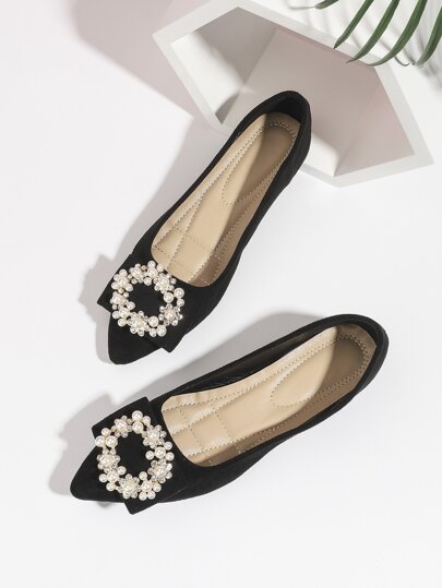Fall/Winter Rhinestone & Faux Pearl Decor Faux Suede Ballet Flats Valentines