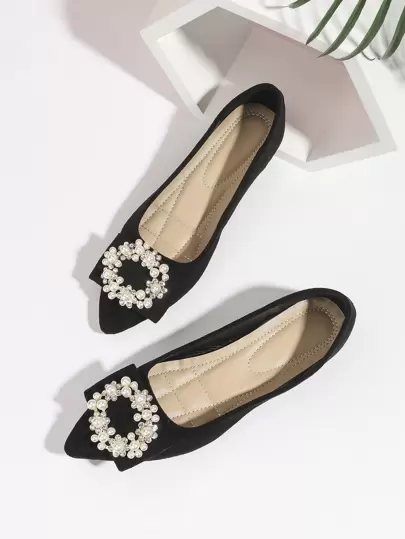 Fall/Winter Rhinestone & Faux Pearl Decor Faux Suede Ballet Flats Valentines