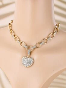 Rhinestone Heart Charm Necklace - Yellow Gold - View 1