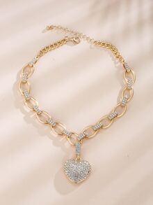 Rhinestone Heart Charm Necklace - Yellow Gold - View 2