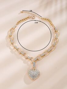 Rhinestone Heart Charm Necklace - Yellow Gold - View 3