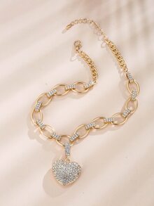 Rhinestone Heart Charm Necklace - Yellow Gold - View 4