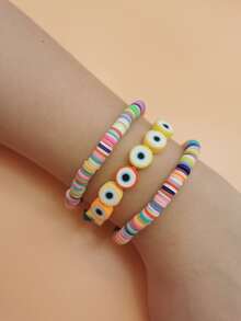 3pcs Evil Eye Decor Beaded Bracelet - Multicolor - View 2