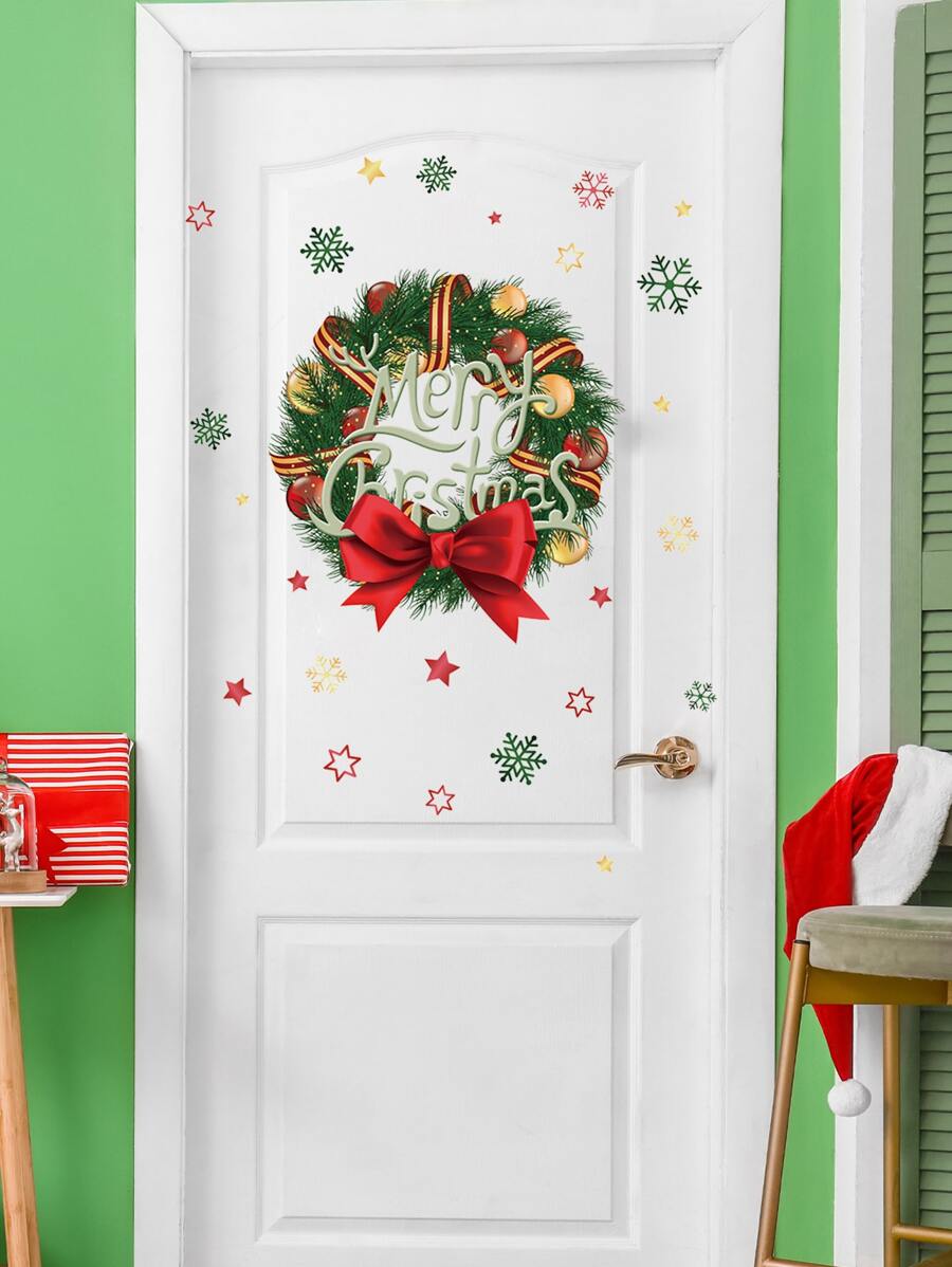 1pc Christmas Wreath Pattern Decoration Wall Sticker,Stickers,Wall Decal, Vinyl Decal For Home Decorations,Spring Decoration Items Refresh Your Home,Rama Decoration Stickers - Multicolor - View 1