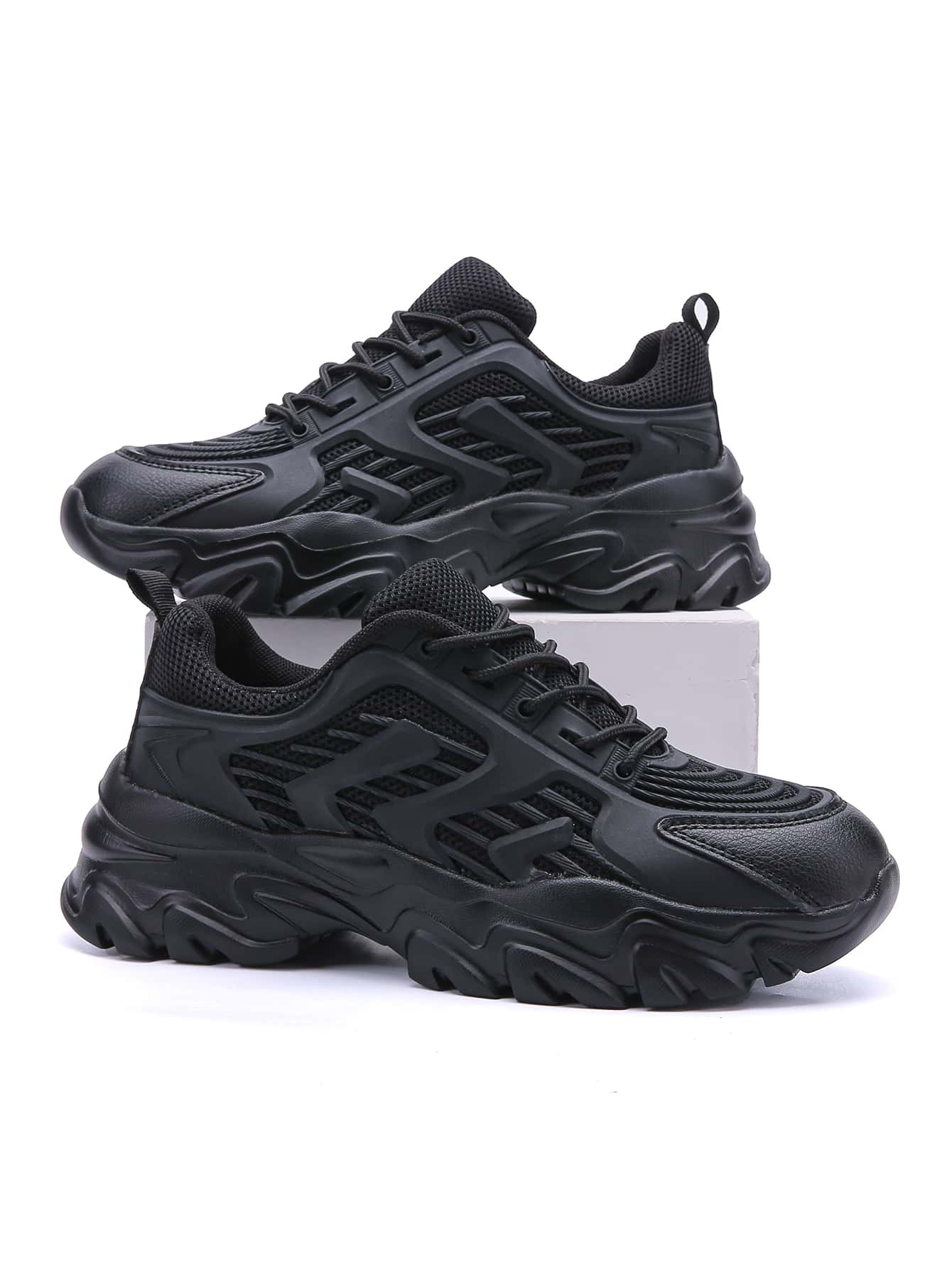 Men Lace-up Front Chunky Sneakers - Black - View 1