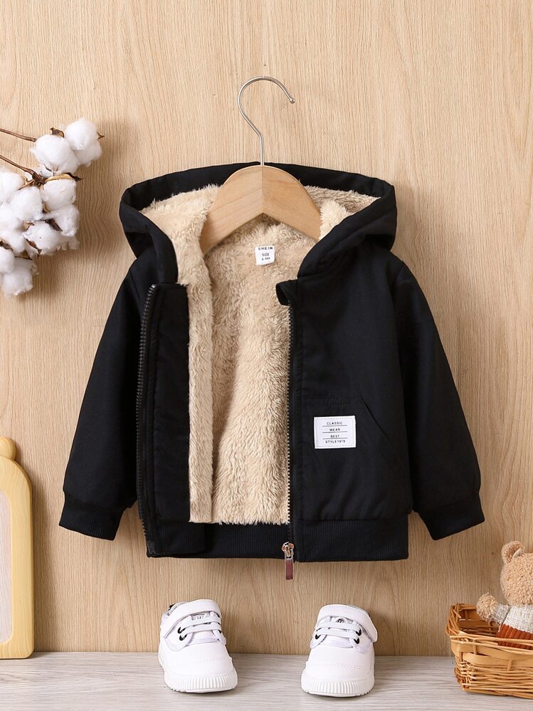 SHEIN Playful Pals Baby Boy Patch Detail Teddy Lined Hooded Jacket - Black - View 1