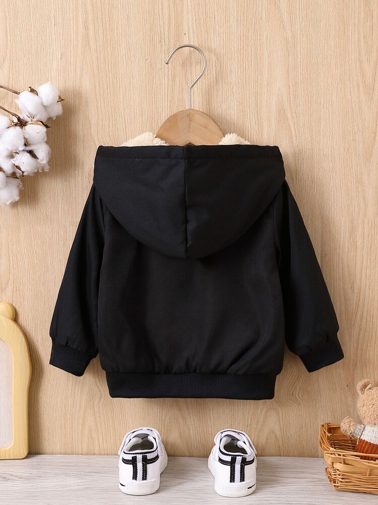 SHEIN Playful Pals Baby Boy Patch Detail Teddy Lined Hooded Jacket - Black - View 2