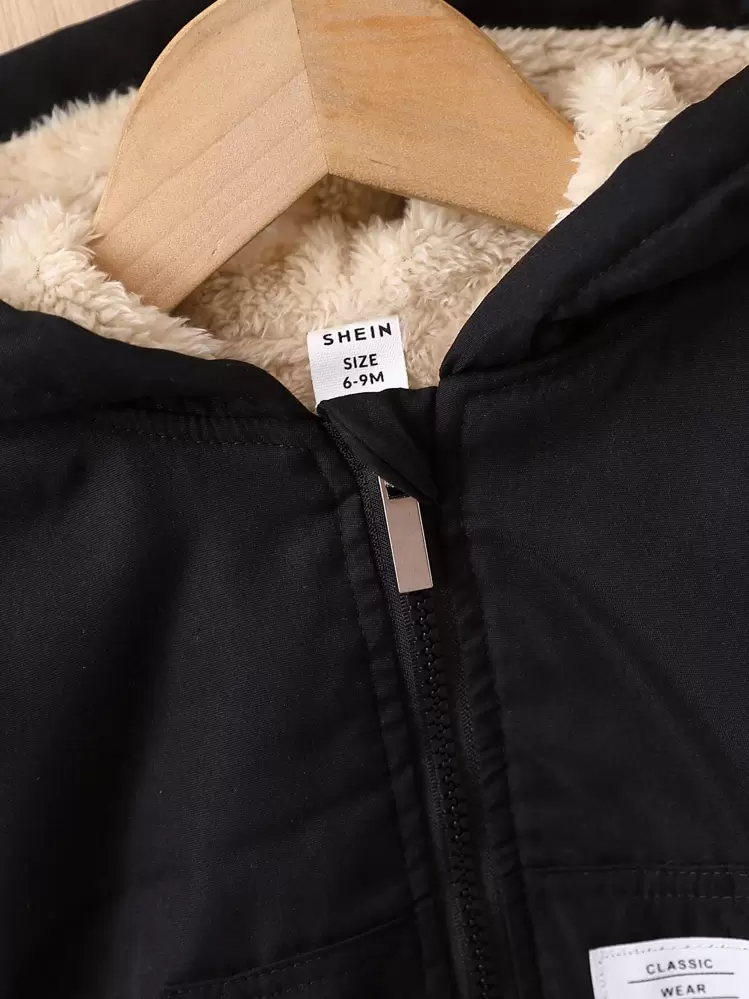 SHEIN Playful Pals Baby Boy Patch Detail Teddy Lined Hooded Jacket - Black - View 4